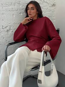 Aloruh Women's Boat Neck Flare Sleeve Cropped Ruched Office Blouse,Fall Tops,Elegant Women's Blouses - Burgundy - View 6