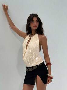 Aloruh Women's Sexy Hollow Out Sequin Backless Draped Neck Top, Summer - Apricot - View 4