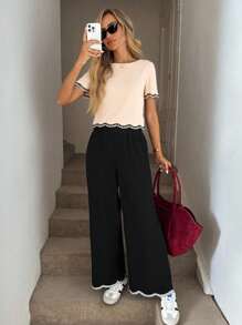 Easowa 女士休闲撞色刺绣丝带装饰圆领短袖衬衫，优雅度假装，春夏 - 杏色 - 查看 7