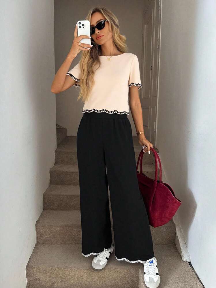 Easowa Women's Casual Contrast Color Embroidered Ribbon Trim Round Neck Short Sleeve Shirt, Elegant Vacation Wear, Spring/Summer Crop Top Going Out Tops Business Casual Women Old Money Style Women - Apricot - View 7