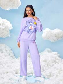 SHEIN X Care Bears Women's Casual Cute Cartoon Bear Print Dropped Shoulder Loose Pullover Sweatshirt And Straight Leg Pants Set, Spring/Autumn - Mauve Purple - View 4