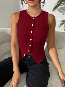 Chiquease Camiseta corta acanalada informal con abertura lateral para mujer - Burdeos - Ver 3