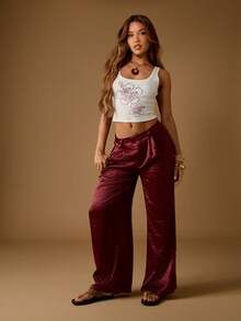 MISSGUIDED 奢华缎面阔腿裤天鹅绒酒红色褶皱高腰晚会节日正式家居服冬秋季系列正装裤 - 棕色 - 查看 5