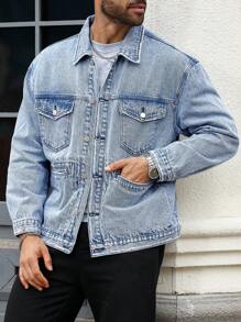 Manfinity Homme Chaqueta vaquera casual con bolsillos y efecto desgastado para hombre talla grande, otoño - Lavado ligero - Ver 6