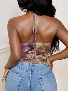 SHEIN PETITE CURVE Plus Size Women Floral Print Draping Halter Neck Backless Sleeveless Blouse - Multicolor - View 2