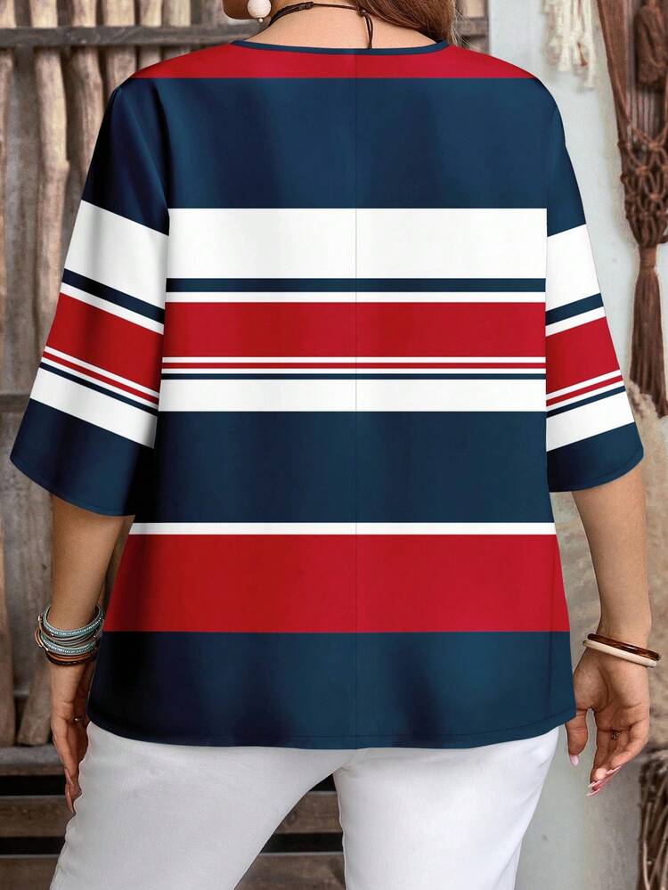 EMERY ROSE 大码女式前扣学院风航海红蓝撞色条纹图案短袖休闲衬衫，女式夏季衬衫，女式衬衫，乡村度假风格，女式波西米亚衬衫，女式乡村休闲度假装，简约时尚，适合日常穿着，女式夏季上衣，女式夏装 - 彩色 - 查看 2