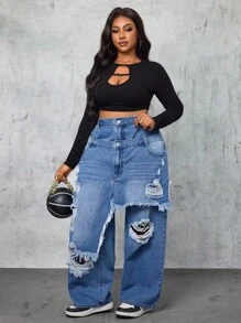 Slaydiva Plus Size Blue Distressed Frayed Hem Fashion Double Layer Design Jeans New Fall Fashion Women,Fall Clothes For Women - Blue - View 6