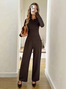 Easowa مجموعة بنطلون واسع الساق وبلوزة بأكمام طويلة مناسبة للنساء، بدلة رياضية كاجوال، لون بني داكن، مجموعة قطعتين للنساء