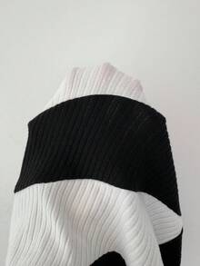 Elenzga Autumn/Winter Brushed Ribbed Splice Contrast Color Tight Long Sleeve T-Shirt Fall Cloth For Women - Black and White - View 6