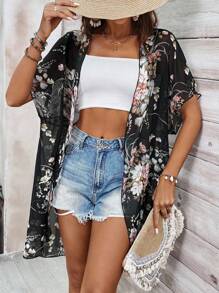 SHEIN PETITE Veste décontractée transparente à imprimé floral pour les vacances - Multicolore - Voir 6