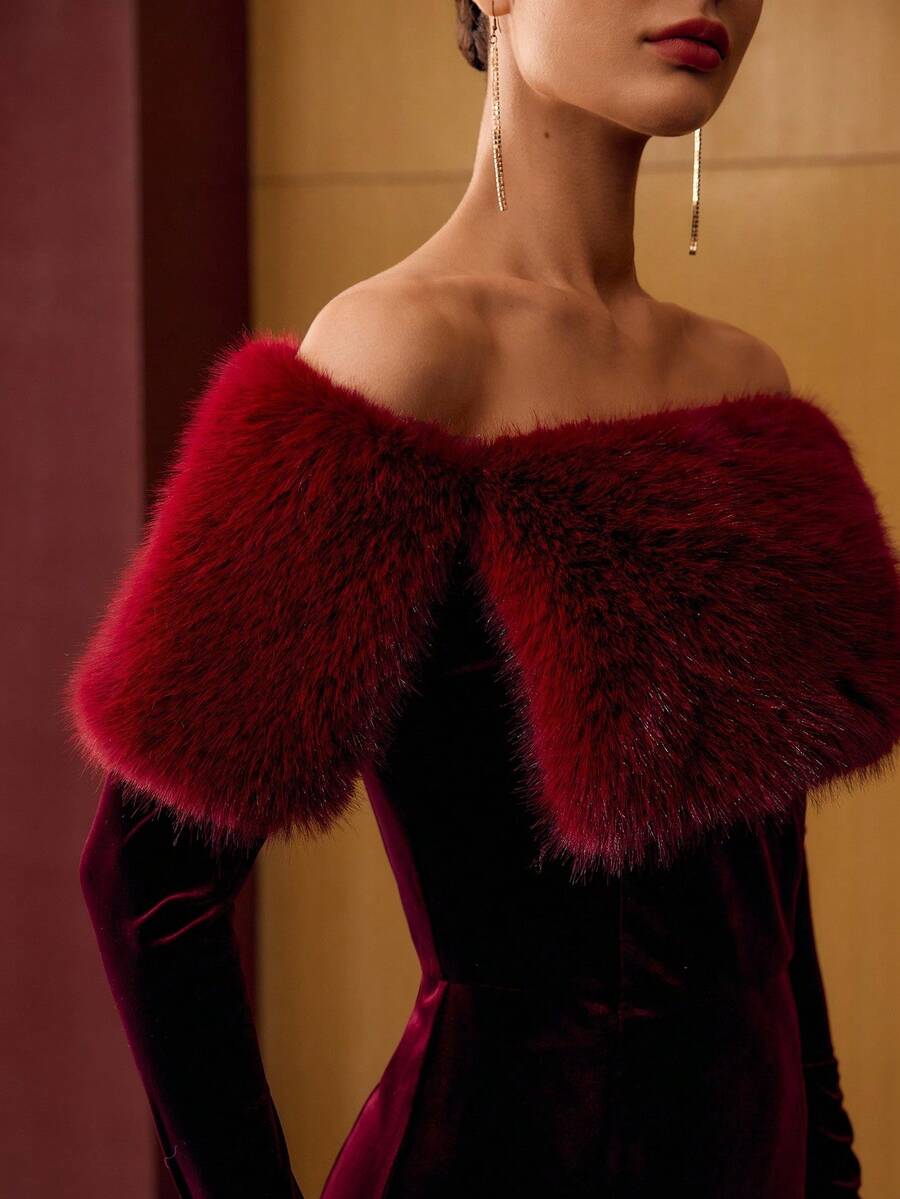 MOTF PREMIUM 天鹅绒露肩毛绒拼接美人鱼下摆长裙 - 酒紅色 - 查看 2