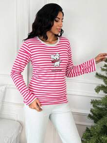 EURMUSE Conjunto de pijama de algodón 100% con rayas y gráficos de dibujos animados - Rosa Fucsia - Ver 5