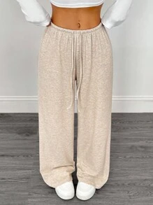 SHEIN PETITE 2pcs Women Solid Color Drawstring Waist Loose Casual Wide Leg Pants