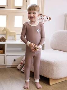 4pcs/Set Young Boy Casual Solid Color Patchwork Crew Neck Long Sleeve Top And Pants Homewear Set - Brown - View 4