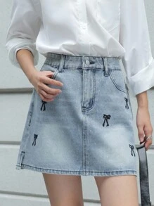 K-Vae Women's Bow Pattern Pocket Hot Diamond Casual Denim Skirt,Fall Women Clothes,School Clothes - Light Wash - View 5