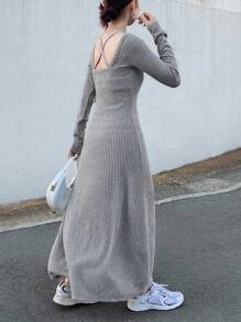 FRIFUL Women's Casual Solid Color Dress, Versatile,Fall Women Clothes Long Sleeve Dress Grey Knit Maxi Dress Grey Maxi Dress Casual Maxi Dress Long Sleeve Maxi Dress Ribbed Knit Maxi Dress
