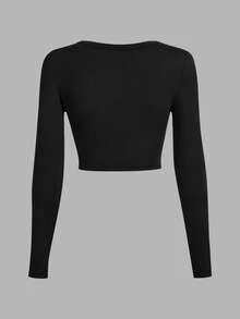 SHEIN EZwear Bộ 3 áo thun tay dài bó sát cổ chữ U màu đen, thích hợp cho mùa thu/đông - Nhiều màu - Xem 4