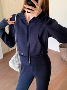 SHEIN Teen Girls Casual Fitted Jacket Hoodie Long Sleeve And Flared Leg Pants Co-Ord Set