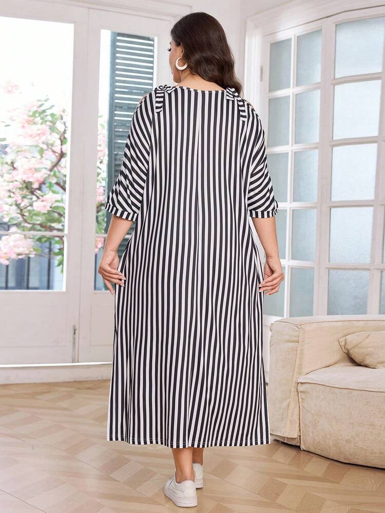 Lacomfia 大码女式优雅休闲撞色蕾丝扭肩露肩连衣裙 - 彩色 - 查看 2