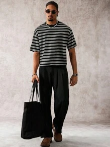 PAVTROS Manfinity Streetrush Men's Striped Print Round Neck Short Sleeve Casual Loose T-Shirt, Summer