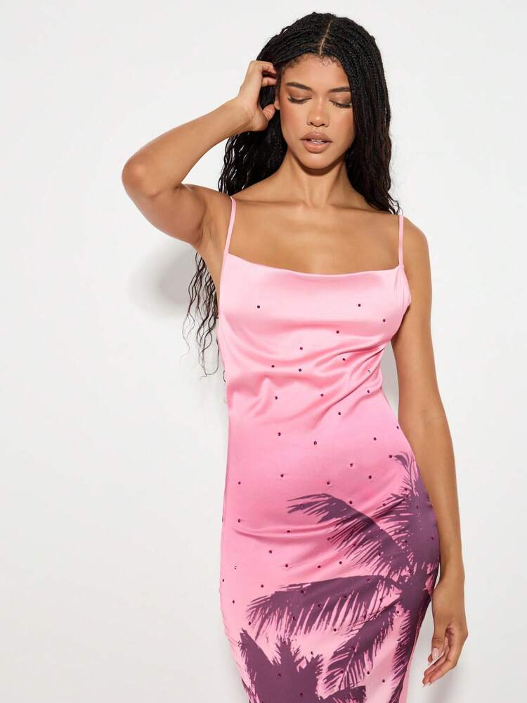 KIZN Satin Palm Tree Print Bodycon Maxi Dress With Spaghetti Straps