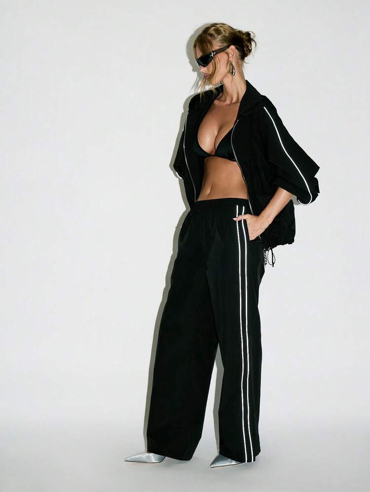 KIZN Velvet Wide Leg Pants With Reflective Side Stripes