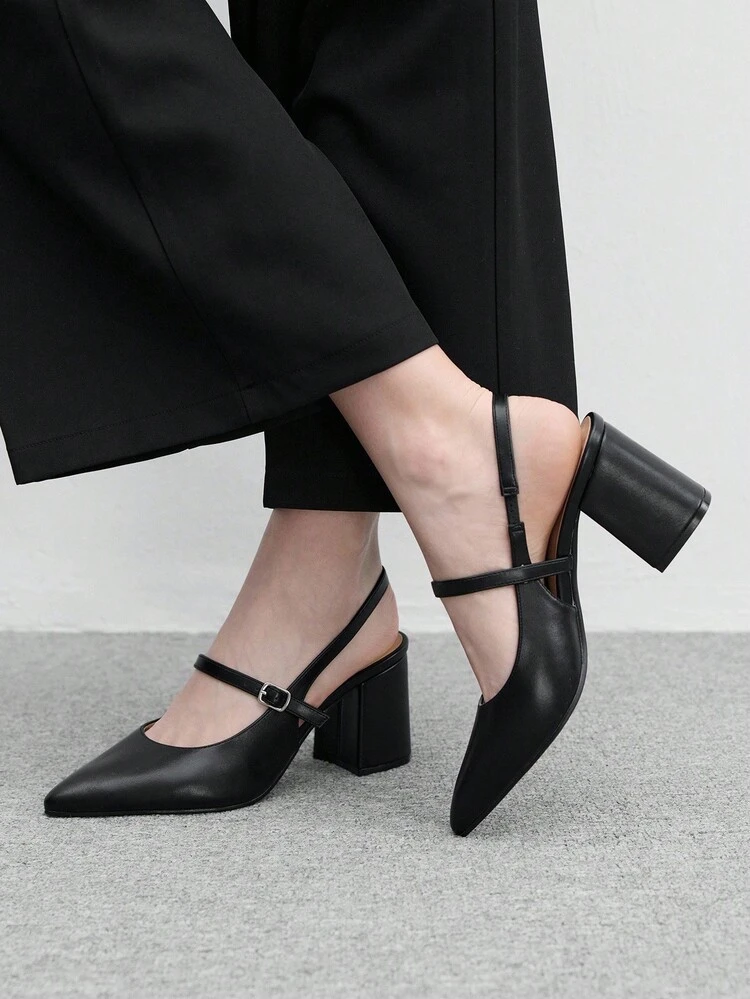 CUCCOO BIZCHIC Tacones altos de mujer con punta puntiaguda, tacón grueso, correa de tobillo negra, elegante y versátil para ir y venir