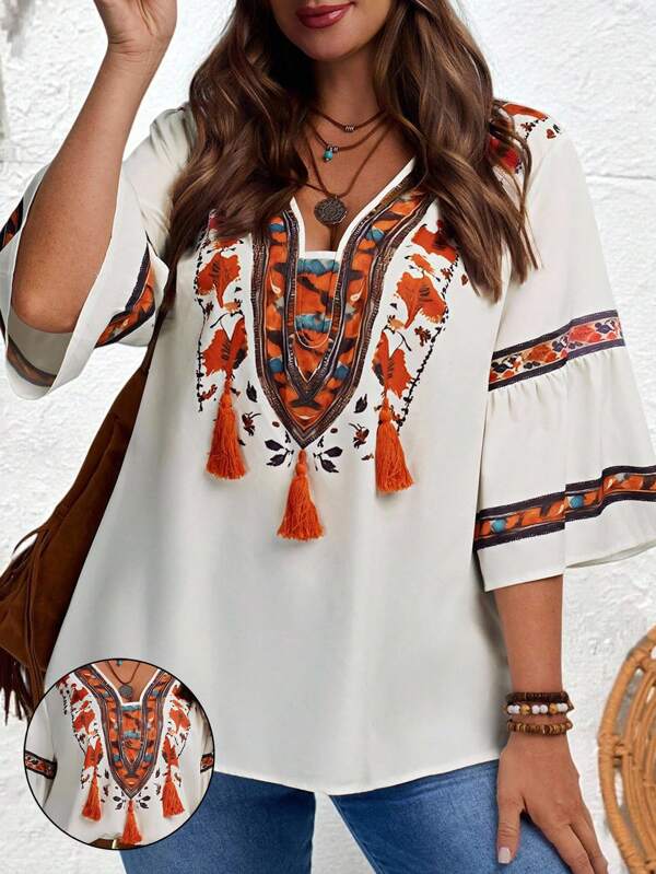EMERY ROSE Plus Size Women's Summer Vacation V-Neck Bell Sleeves 3/4 Sleeve Floral Print Blouse Shirt Top,Fall Women Clothes,Summer Holiday,Vacation Outfits Women,Simple And Fashionable For Everyday Wear,Vacay Vibes,Bohemia,Going Out Tops Women ,Western Wear Women Outfit,Country Concert Outfi