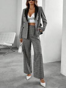 Chiquease 格紋印花雙排釦西裝外套和褲子 - 灰色 - 查看 6