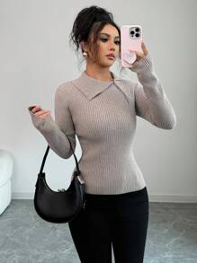 Elenzga Women's Oblique Button Collar Pullover Sweater Fall Winter Cloth For Women - Champagne - View 6