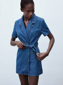 Maija Quần yếm denim và áo liền quần cho nữ, quần short liền quần tay ngắn bó sát, trang phục công sở thường ngày màu xanh lam cho nữ khi trở lại trường - Rửa tối - Xem 2