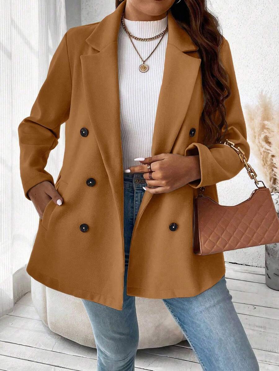 Vionelle Plus Size Women's Solid Color Lapel NeckLong Sleeve Double-Breasted Casual Overcoat Fall Winter Cloth For Women Winter Autumn