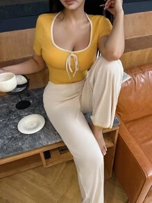 Y2K Women's Contrast Trim Yellow Short Sleeve Top And Pants Loungewear Set - Orange - View 5