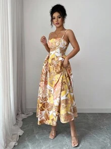 Elenzga 女式优雅休闲紧身胸衣肩带腰部褶饰花卉长裙 - 咖啡 - 查看 5