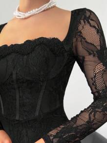 Aloruh 女士新款性感S形蕾丝长袖紧身胸衣美人鱼连衣裙，适合派对、约会、晚会 - 黑色 - 查看 6
