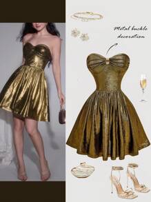 SHEIN MOD 女士金色褶皱时尚短款抹胸连衣裙