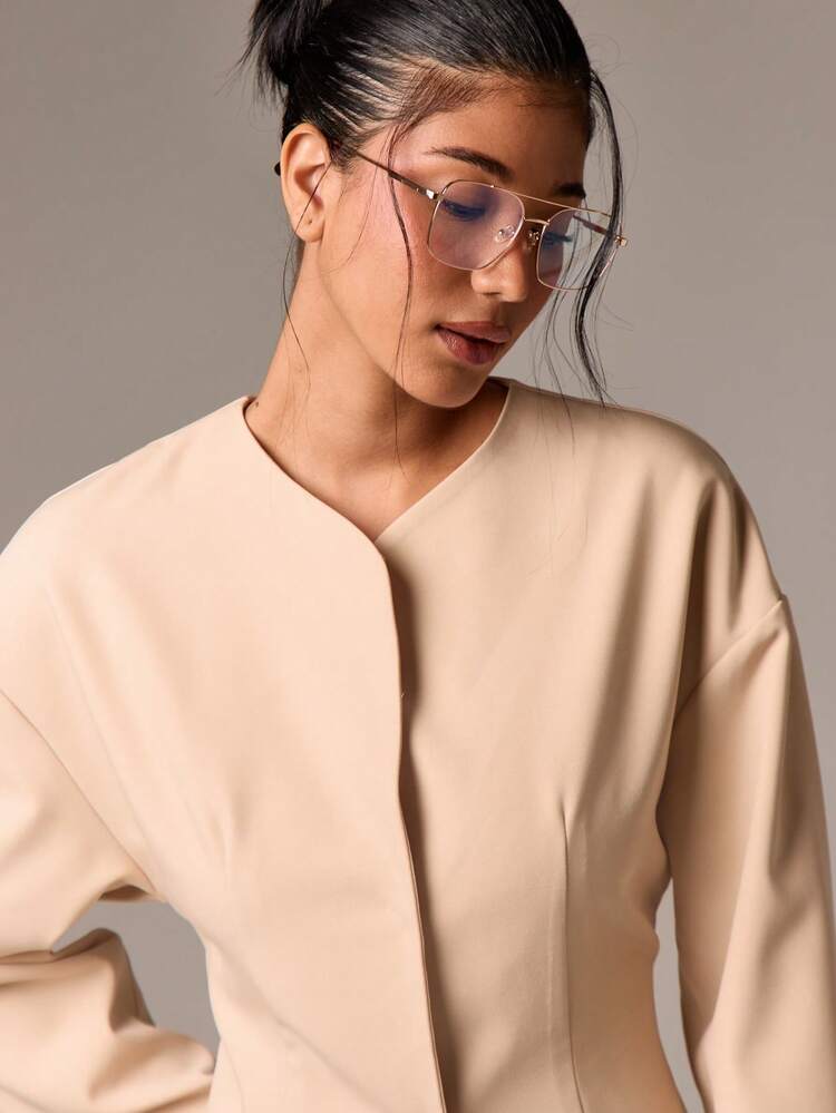 Collarless Structured Blazer With Metal Cuff Details