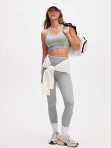 Eassivo Eassivo 女式条纹短款背心和紧身裤运动套装 - 灰色 - 查看 3