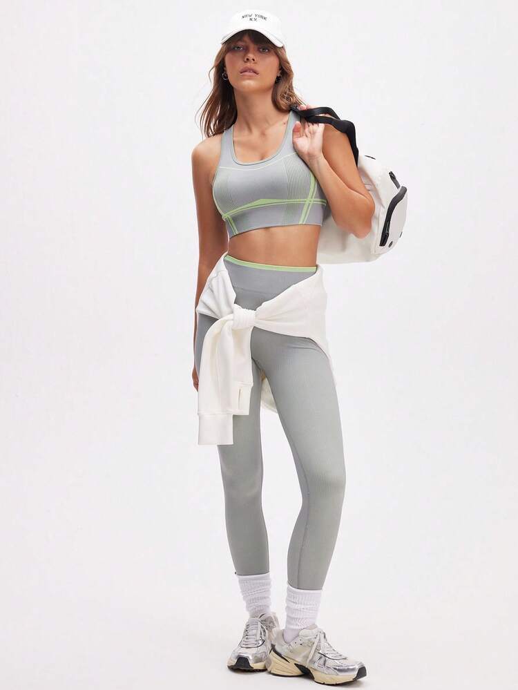 Eassivo Eassivo 女式条纹短款背心和紧身裤运动套装 - 灰色 - 查看 3