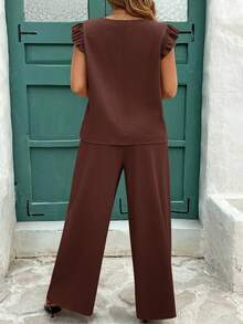 SHEIN Clasi 2pcs Women Plus Size Khaki Bubble Ruched Bell Sleeve Shirt & Wide Leg Elastic Waist Pants Set, Elegant Outfit For Spring/Summer Sets 2 Pieces Sets Ladies Sets For Women Matching Sets Women Two Pieces Set Women Two Pieces Outfit Women Sets For Women Casual,Business Casual Woman