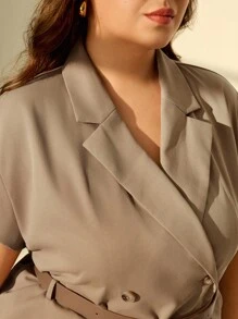 SHEIN MOD 加大码咖啡棕色盖袖翻领前开皮带纽扣西装外套，短款风衣背心 - 咖啡棕 - 查看 6