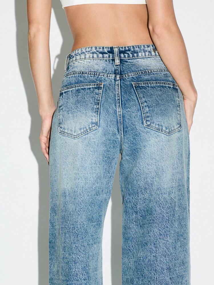 KIZN Wide Leg Raw Hem Denim Jeans With Distressed Detail