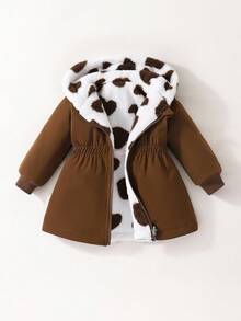 SHEIN 2 chiếc/gói Áo khoác dài có thể đảo ngược cho bé gái mùa thu/đông, đa năng, thường ngày, trang trí hình trái tim bằng vải lông cừu dày - màu nâu - Xem 6