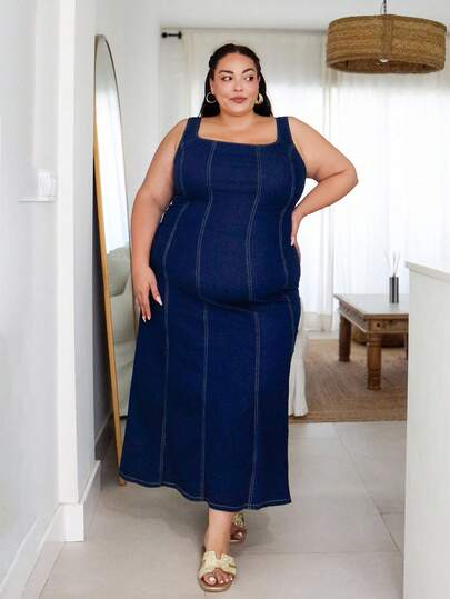 Pretty and Ole 大码牛仔吊带背心连衣裙，休闲弹力紧身连衣裙，蓝色