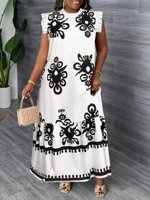 Slaydiva Đầm dài dáng rộng in hoa cho nữ cỡ lớn, cổ cao giả, bèo nhún, kiểu dáng đi nghỉ mát. - Đen và trắng - Xem 1