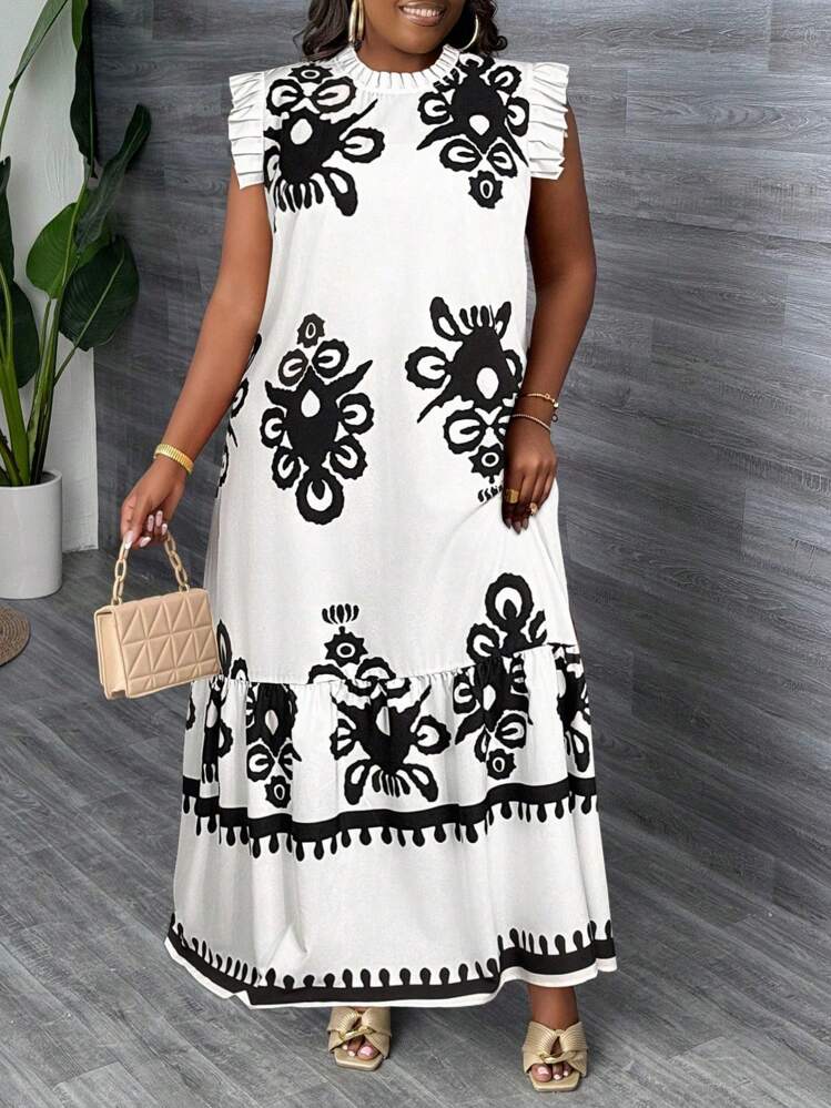 Slaydiva 大码女式印花荷叶边高领荷叶边袖口超长连衣裙，度假风 - 黑與白 - 查看 1