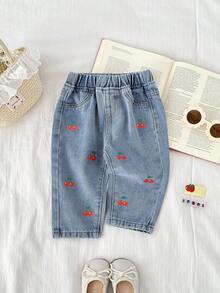 SHEIN Baby Mädchen süßes Kirschenmuster blaue Jeans in Loose Fit, modisch für Winter und Herbst Urlaub - Helle Waschung - Übersicht 6