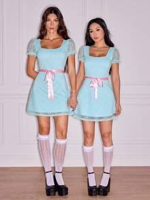 SHEIN Tall 女士优雅蕾丝迷你连衣裙，夏季 - 淺藍色 - 查看 2