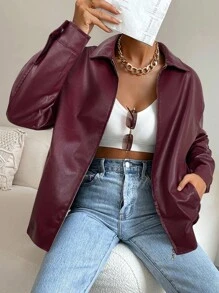 SHEIN EZwear Chaqueta de cuero corta con cremallera y hombros caídos para otoño/invierno - Rosa Roja - Ver 5