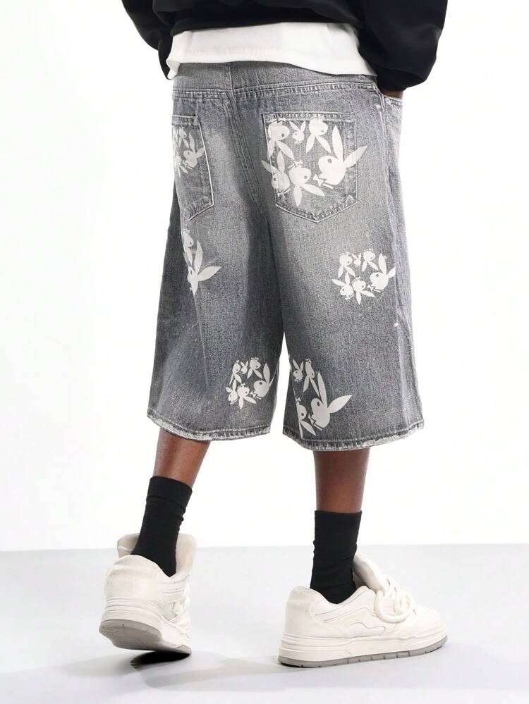 PLAYBOY X SUMWON Wide Leg Denim Jorts With Bunny Print